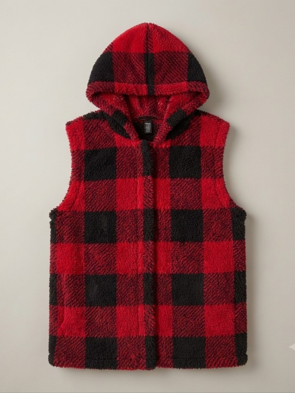 Coco + Carmen Red Black Buffalo Plaid Sherpa Fleece Hooded Vest Fuzzy Cozy M/L